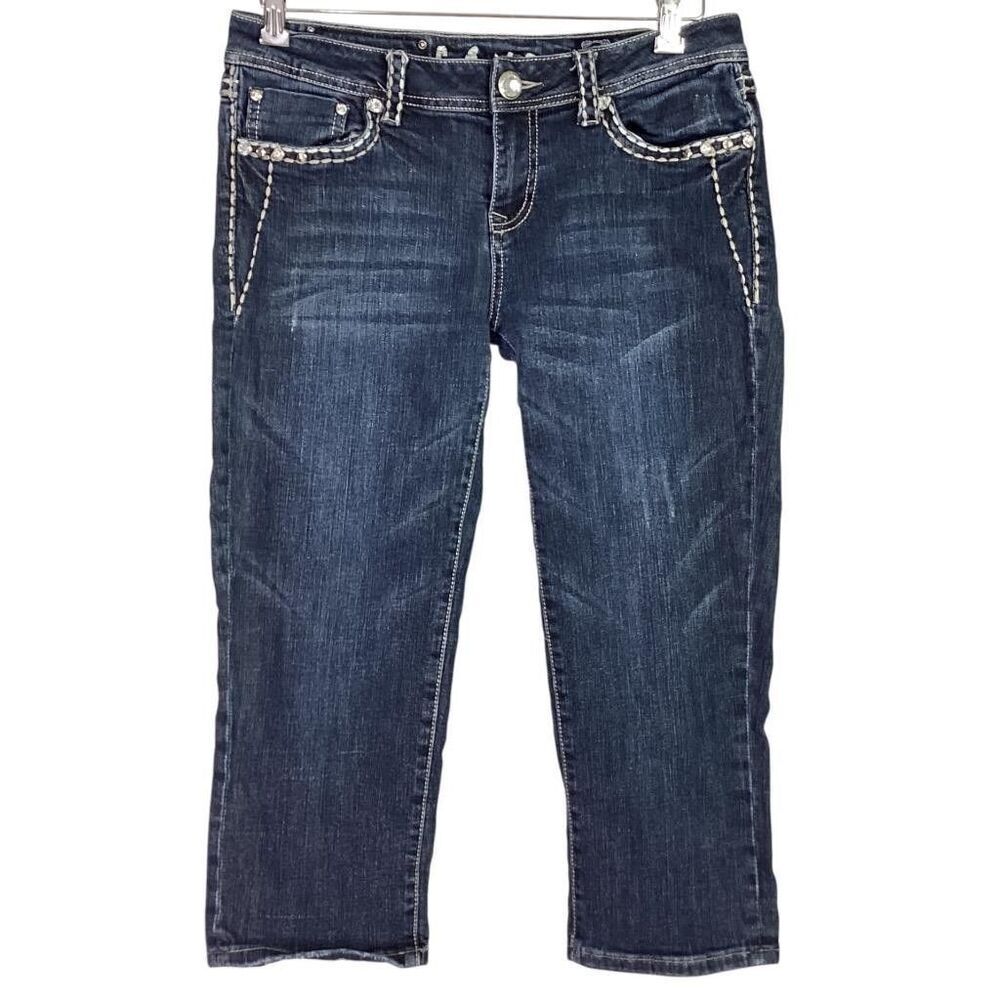 LA Idol Crop Jeans Women 11 JR Blue Denim Capris Stretch Rhinestones Embroidery